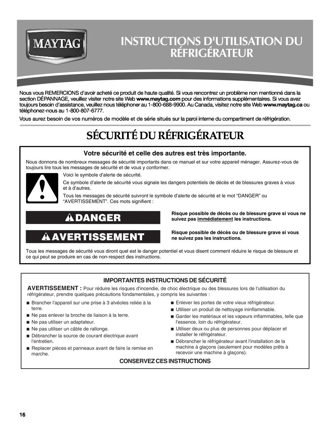 Maytag W10249206A, W10249207A Instructions Dutilisation Du Réfrigérateur, Sécurité Du Réfrigérateur, Danger Avertissement 