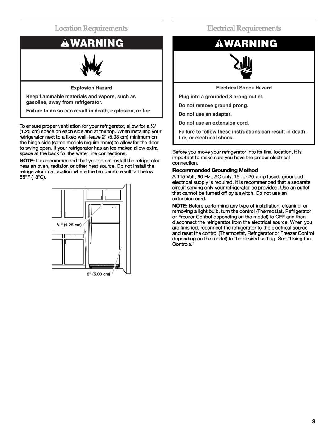 Maytag W10249207A Location Requirements, Electrical Requirements, Recommended Grounding Method, Explosion Hazard 