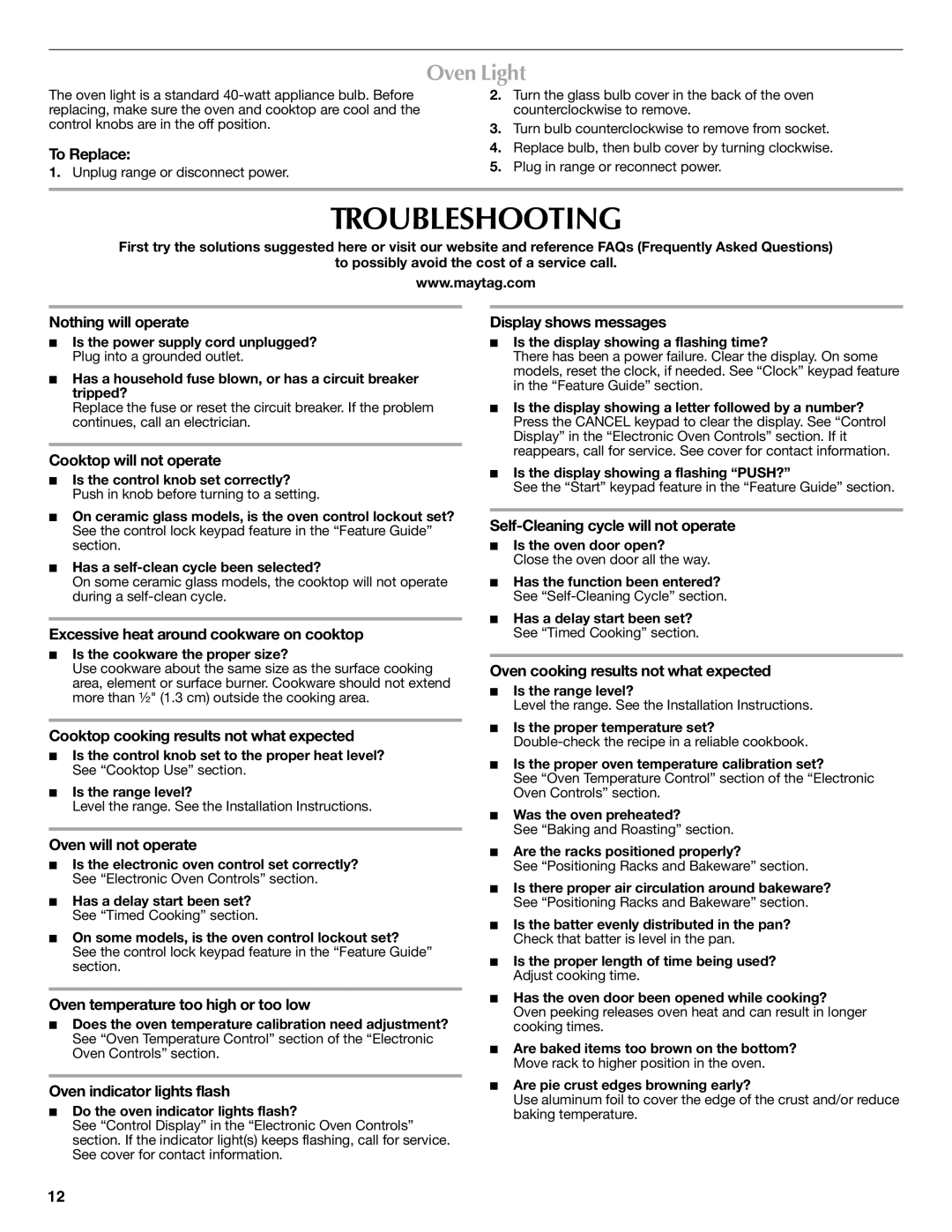 Maytag W10249693A, W10239458A warranty Troubleshooting, Oven Light 