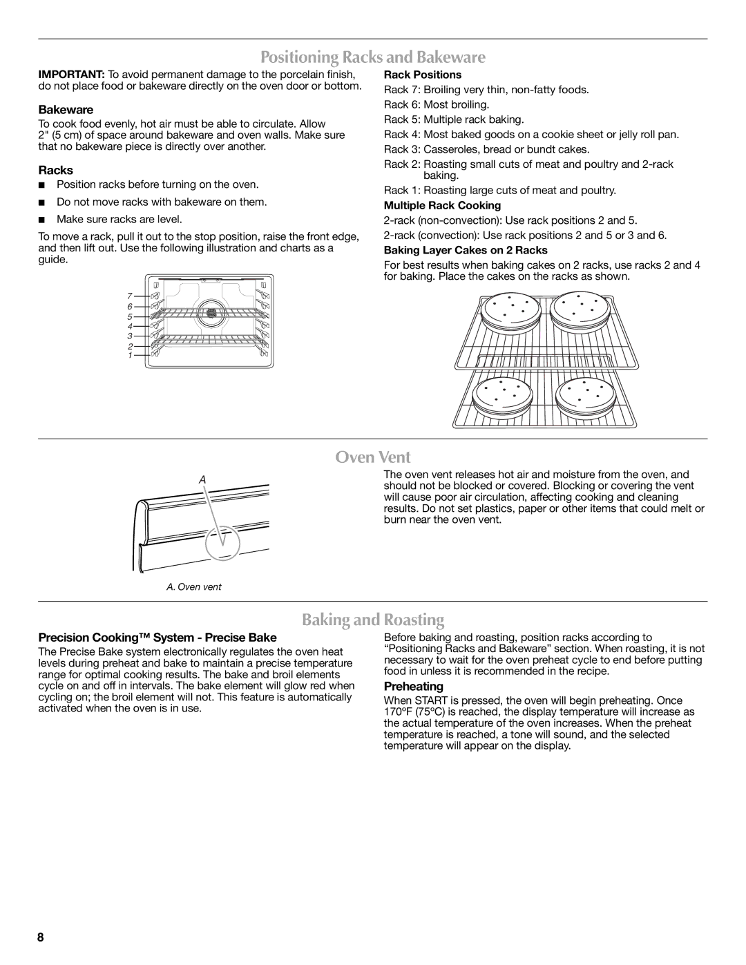 Maytag W10249693A, W10239458A warranty Positioning Racks and Bakeware, Oven Vent, Baking and Roasting 