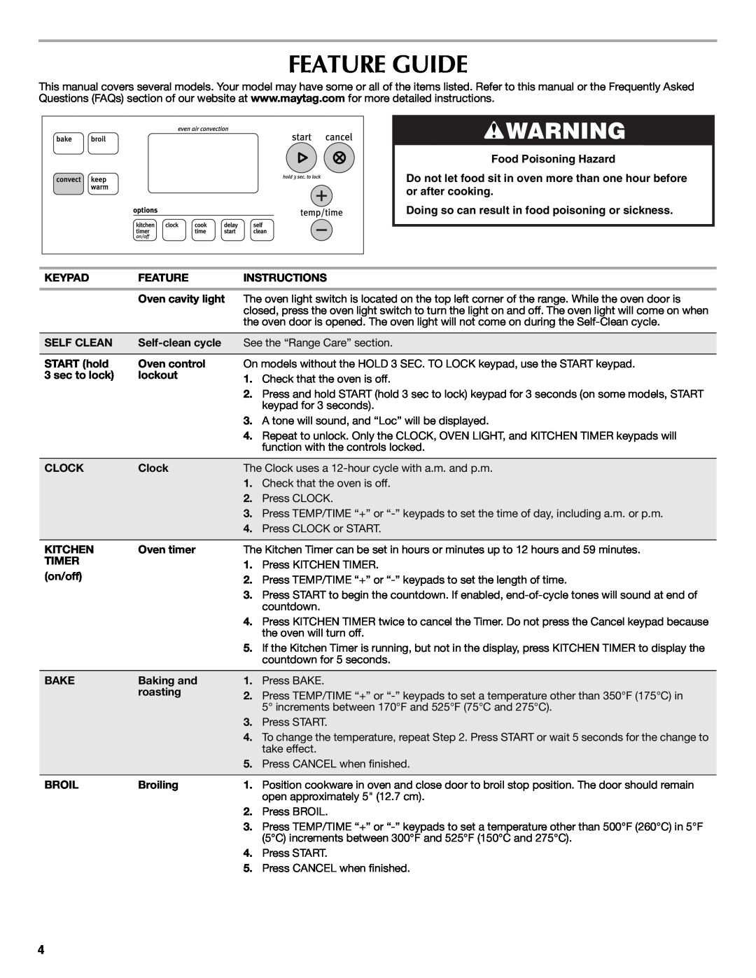 Maytag W10249693A, W10239458A Feature Guide, Food Poisoning Hazard, Doing so can result in food poisoning or sickness 