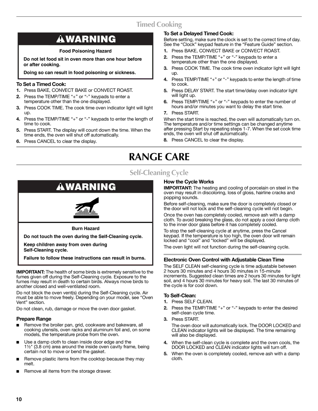 Maytag W10249694A, W10239459A warranty Range Care, Timed Cooking, Self-Cleaning Cycle 