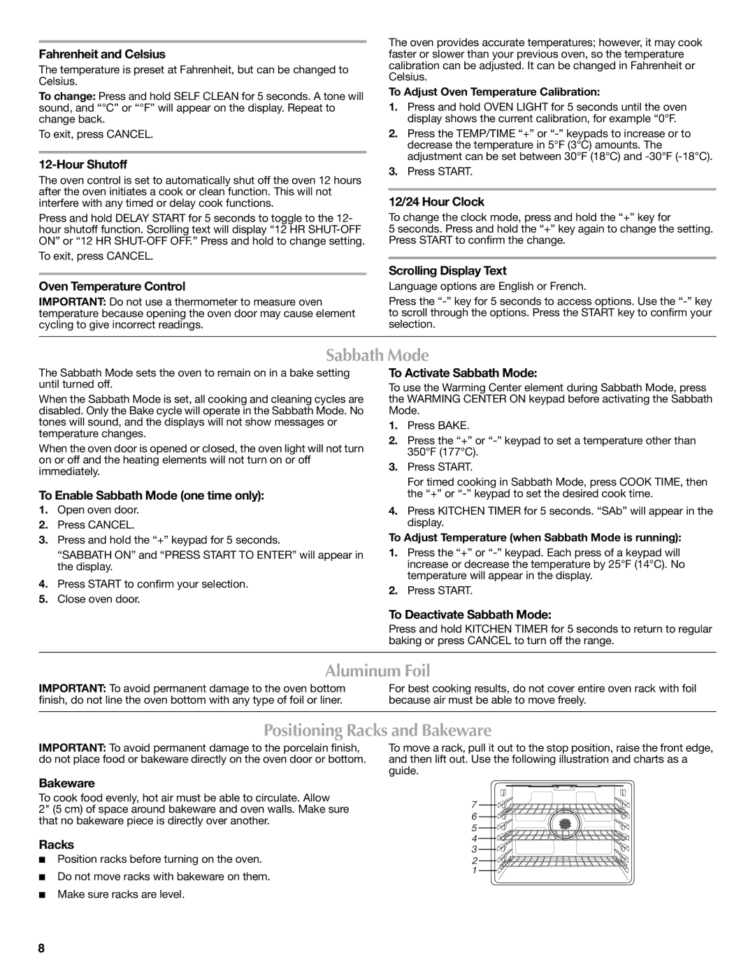 Maytag W10249694A, W10239459A warranty Sabbath Mode, Aluminum Foil, Positioning Racks and Bakeware 