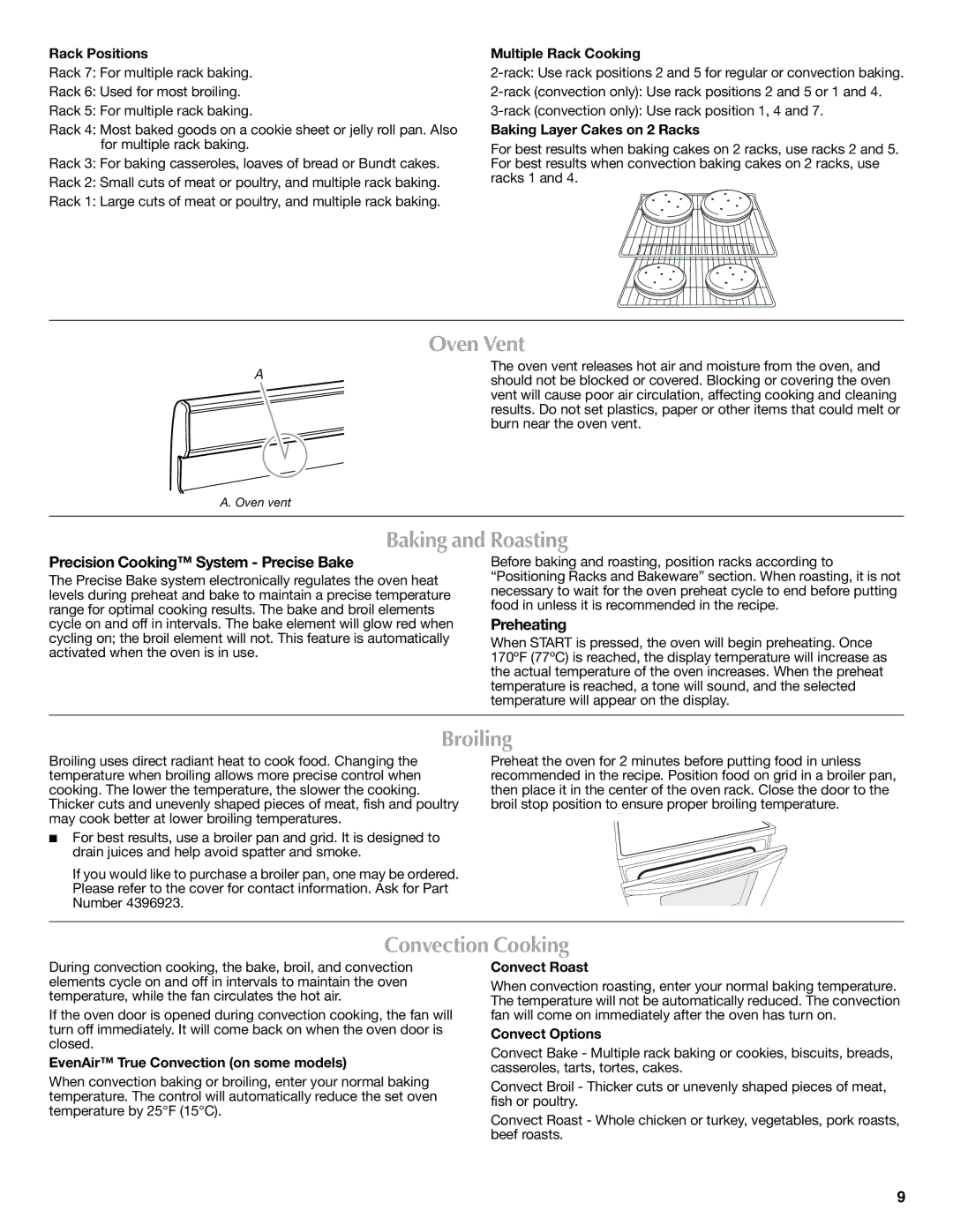 Maytag W10239459A, W10249694A warranty Oven Vent, Baking and Roasting, Broiling, Convection Cooking 