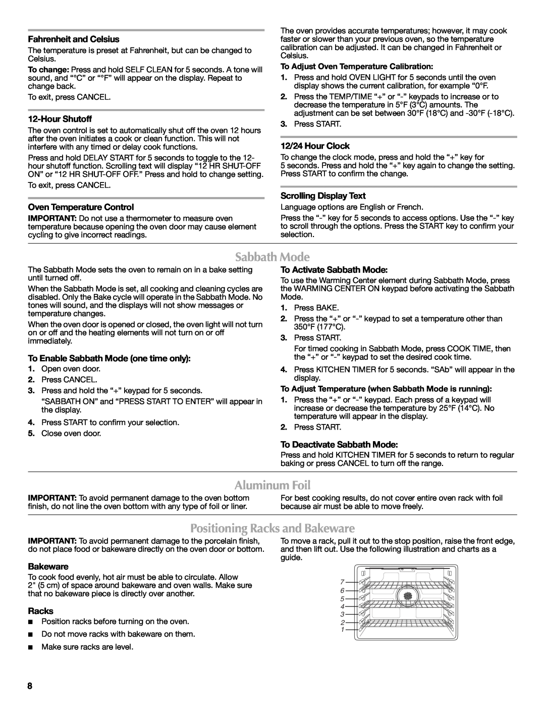 Maytag W10249694A Sabbath Mode, Aluminum Foil, Positioning Racks and Bakeware, Fahrenheit and Celsius, Hour Shutoff 