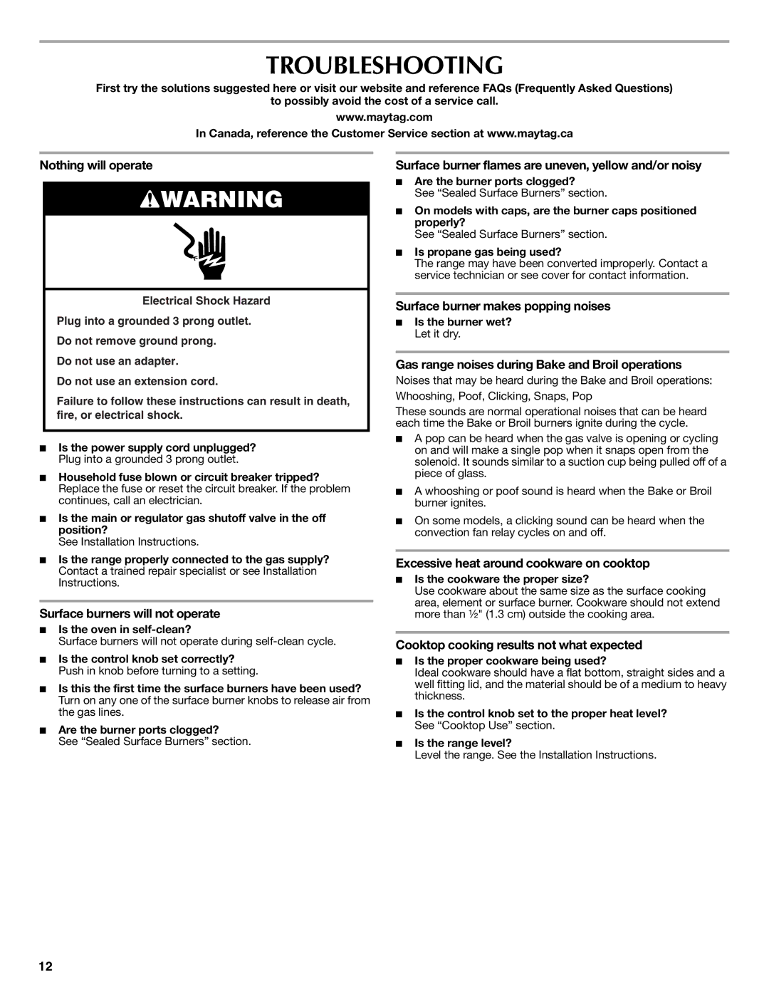 Maytag W10249696A, W10239463A warranty Troubleshooting 