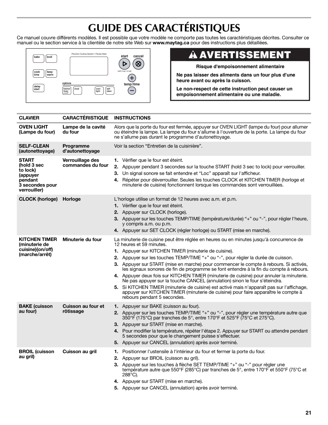 Maytag W10239463A warranty Guide DES Caractéristiques, Clavier Caractéristique Instructions Oven Light, Lampe de la cavité 