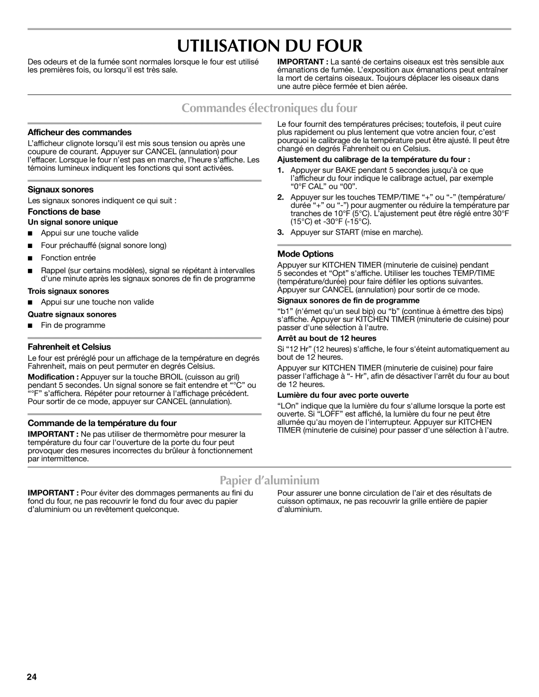 Maytag W10249696A, W10239463A warranty Utilisation DU Four, Commandes électroniques du four, Papier d’aluminium 