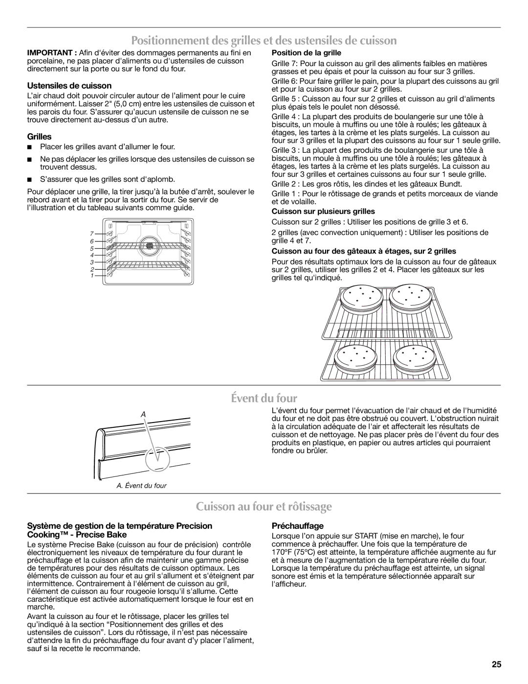 Maytag W10239463A Positionnement des grilles et des ustensiles de cuisson, Évent du four, Cuisson au four et rôtissage 