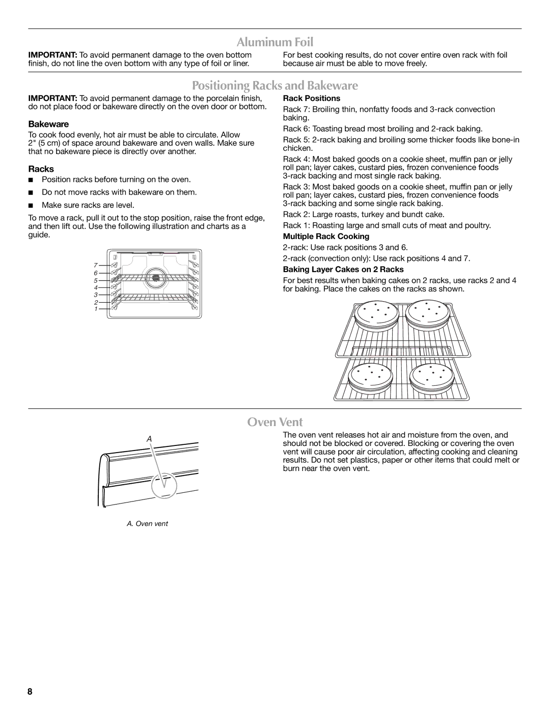 Maytag W10249696A, W10239463A warranty Aluminum Foil, Positioning Racks and Bakeware, Oven Vent 