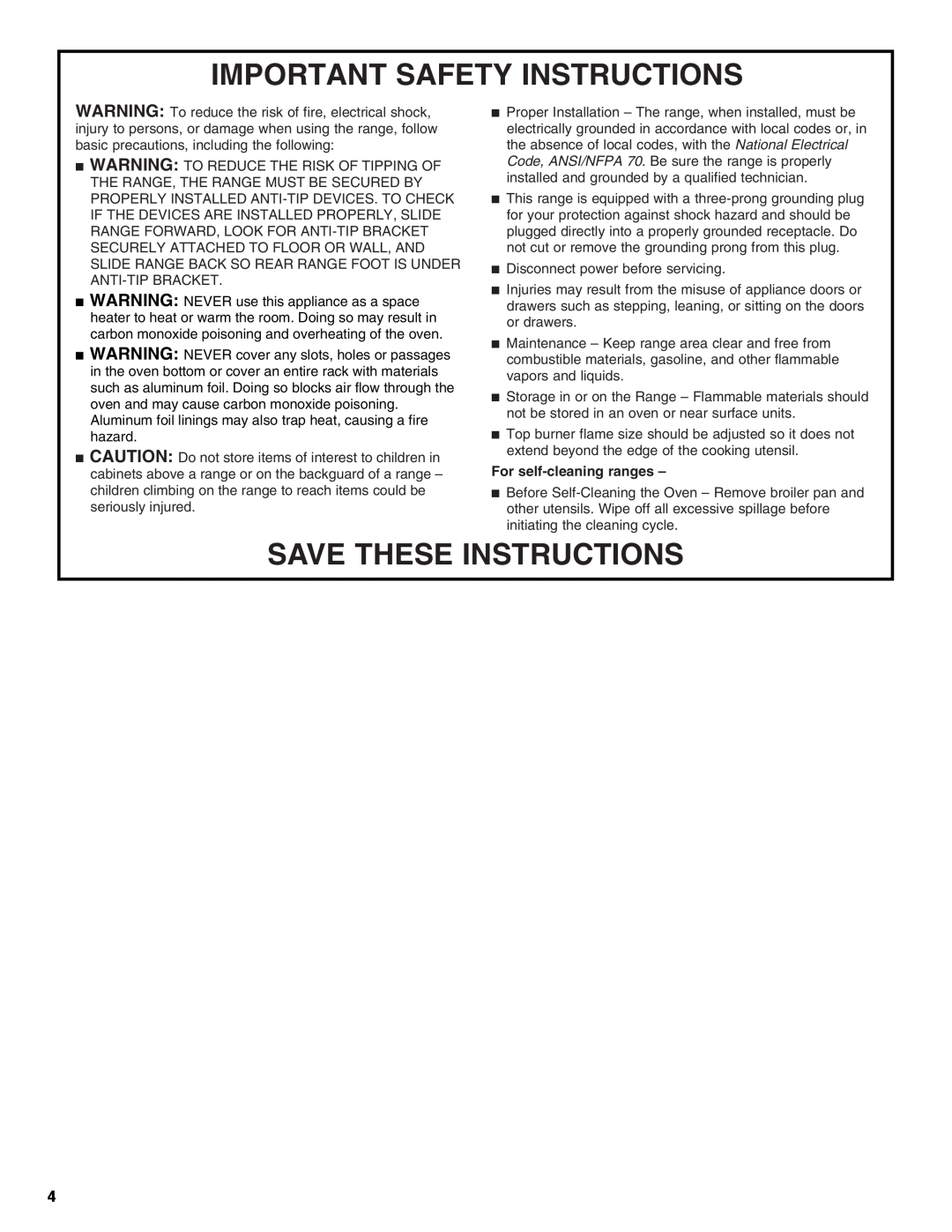 Maytag W10249696A, W10239463A warranty Important Safety Instructions, Save These Instructions, For self-cleaning ranges 