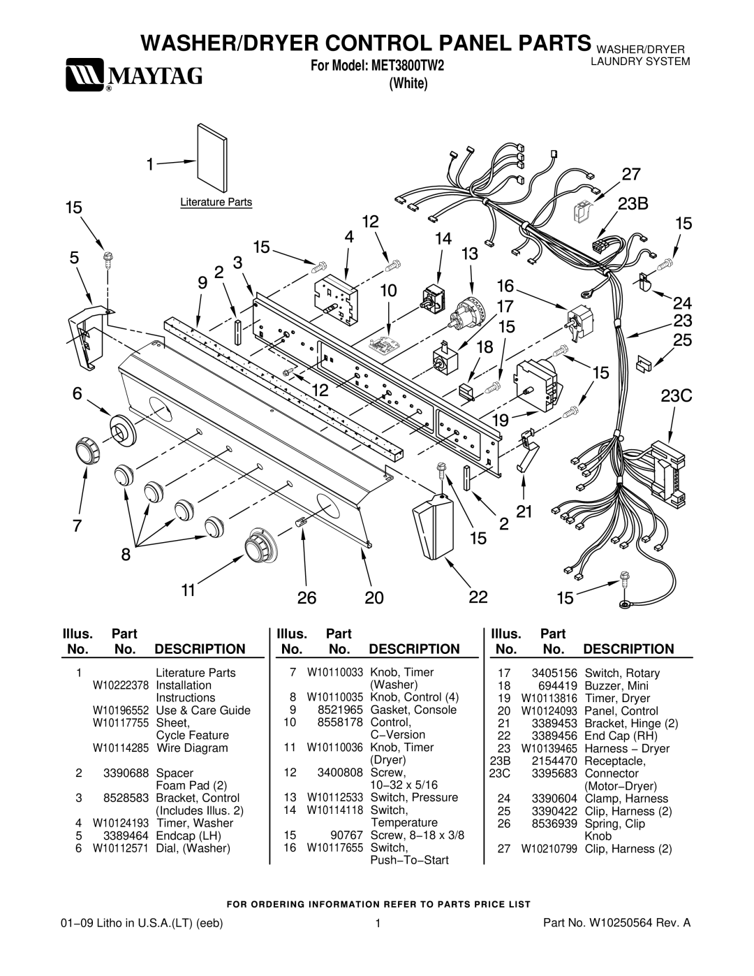 Maytag MET3800TW2, W10250564 installation instructions WASHER/DRYER Control Panel Parts WASHER/DRYER 