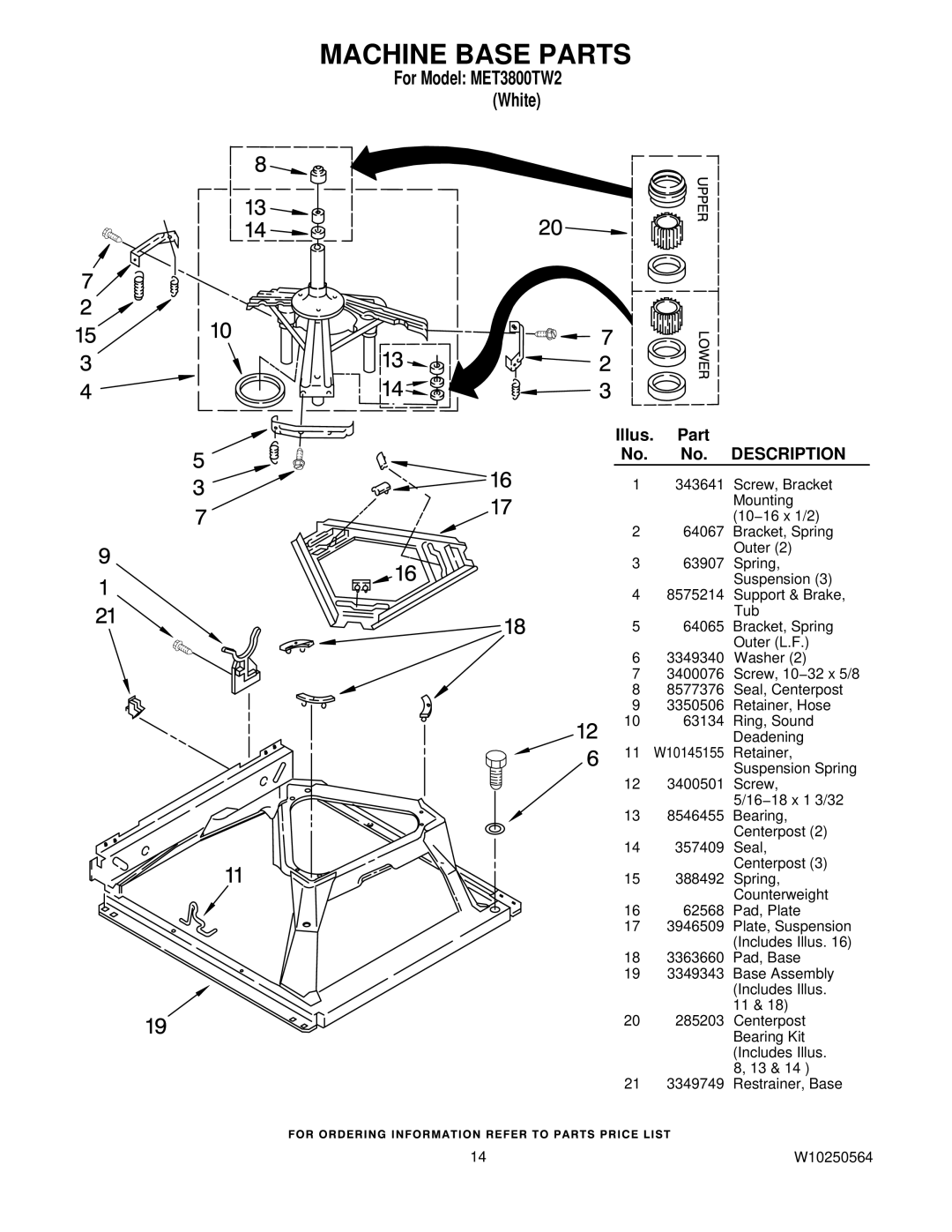 Maytag W10250564, MET3800TW2 installation instructions Machine Base Parts 