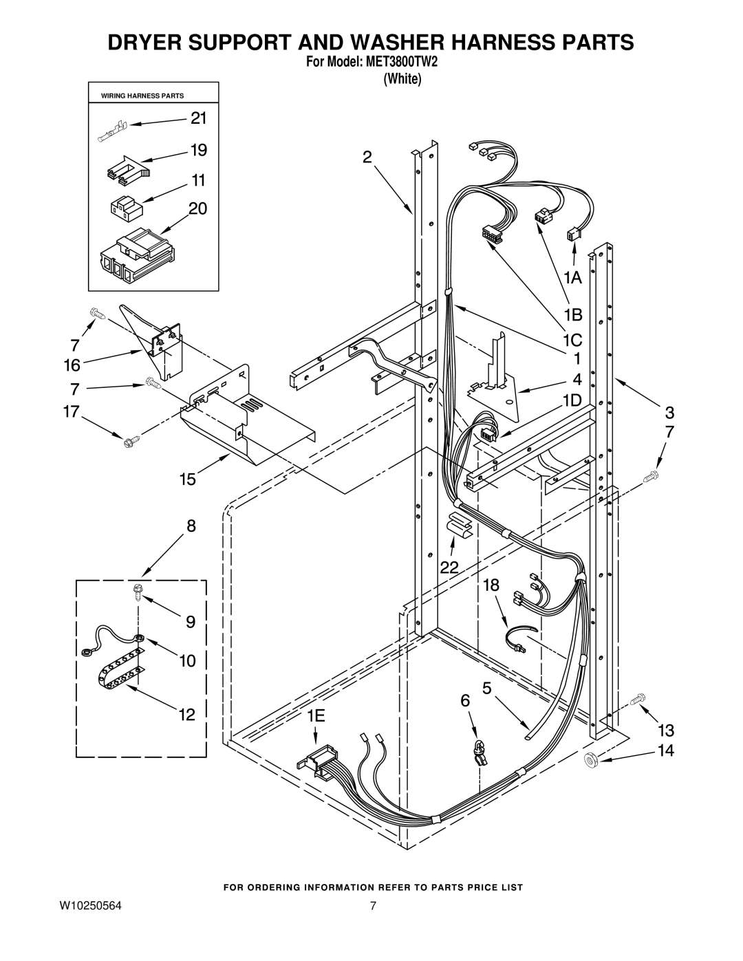 Maytag MET3800TW2, W10250564 installation instructions Dryer Support and Washer Harness Parts 