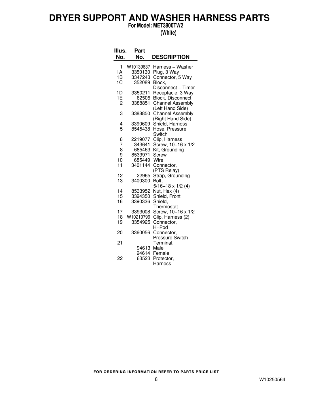Maytag W10250564, MET3800TW2 installation instructions Dryer Support and Washer Harness Parts 