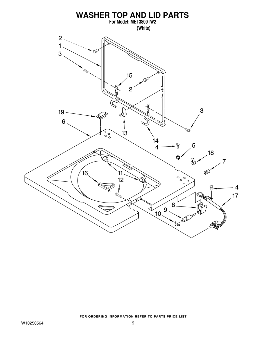 Maytag MET3800TW2, W10250564 installation instructions Washer TOP and LID Parts 