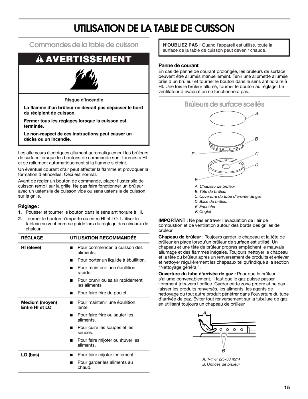 Maytag MGC8636WS manual Utilisation DE LA Table DE Cuisson, Commandes de la table de cuisson, Brûleurs de surface scellés 