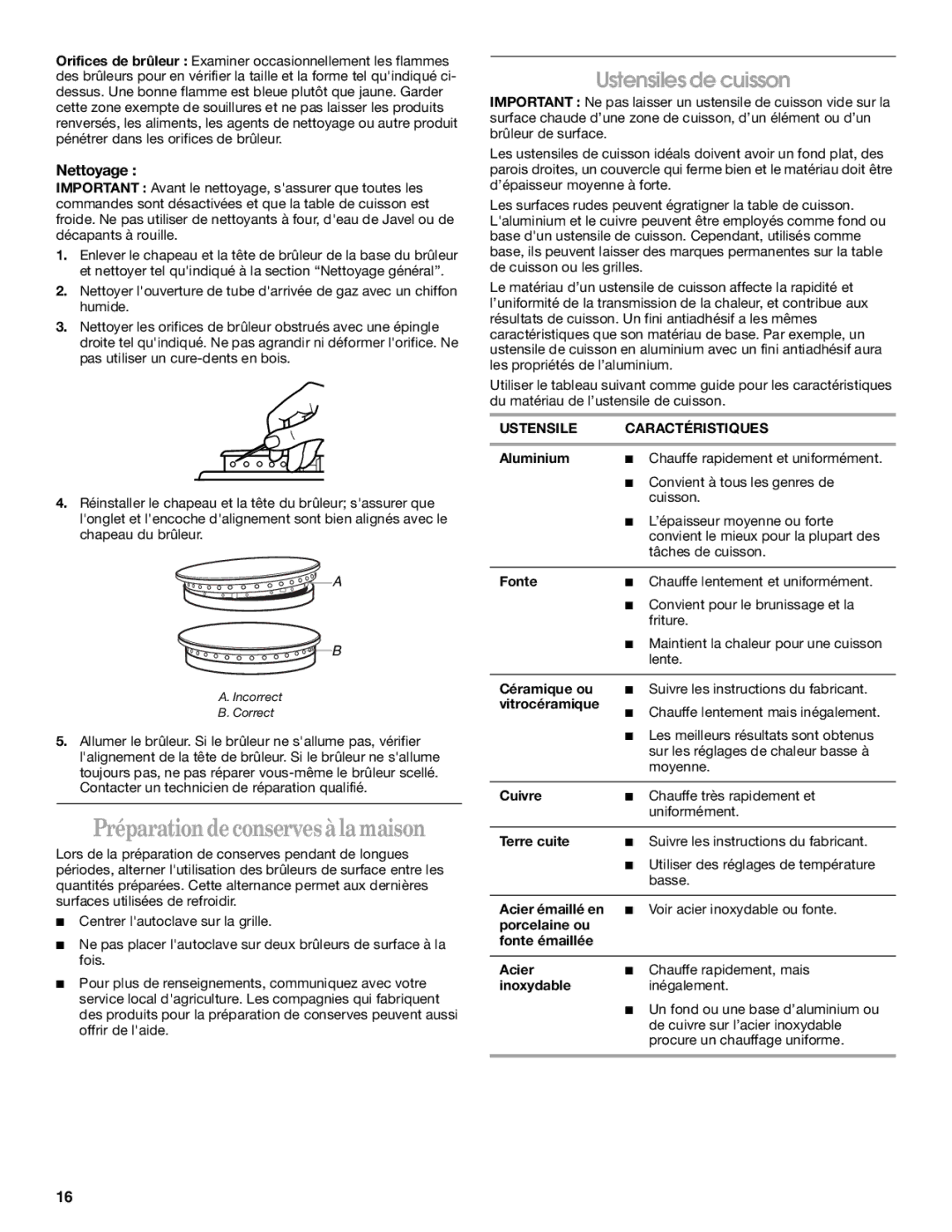 Maytag W10251095A, MGC8636WS manual Ustensiles de cuisson, Nettoyage, Ustensile Caractéristiques 