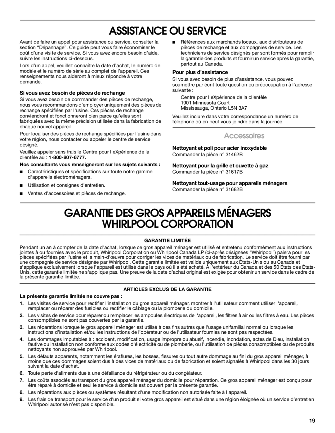 Maytag MGC8636WS manual Assistance OU Service, Garantie DES Gros Appareils Ménagers Whirlpool Corporation, Accessoires 