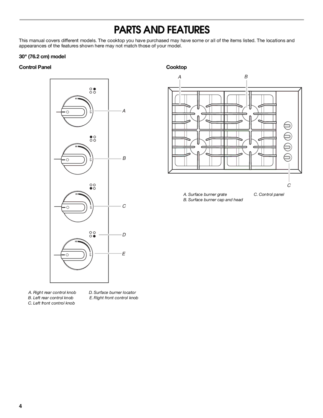 Maytag W10251095A, MGC8636WS manual Parts and Features, 30 76.2 cm model Control Panel 