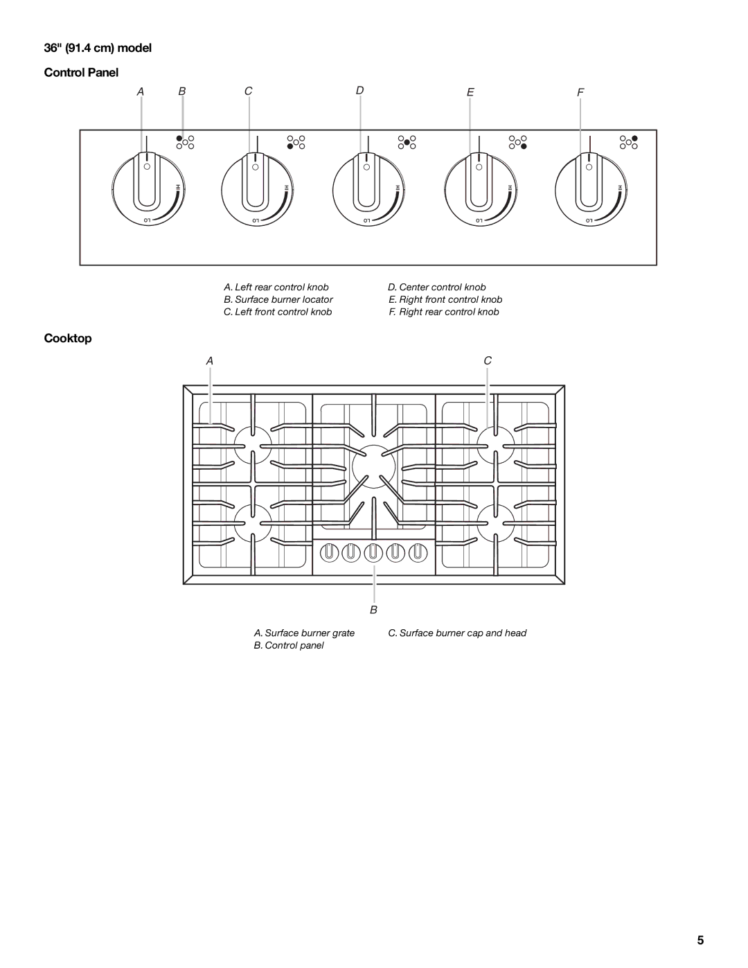 Maytag MGC8636WS, W10251095A manual Cooktop, 36 91.4 cm model Control Panel 