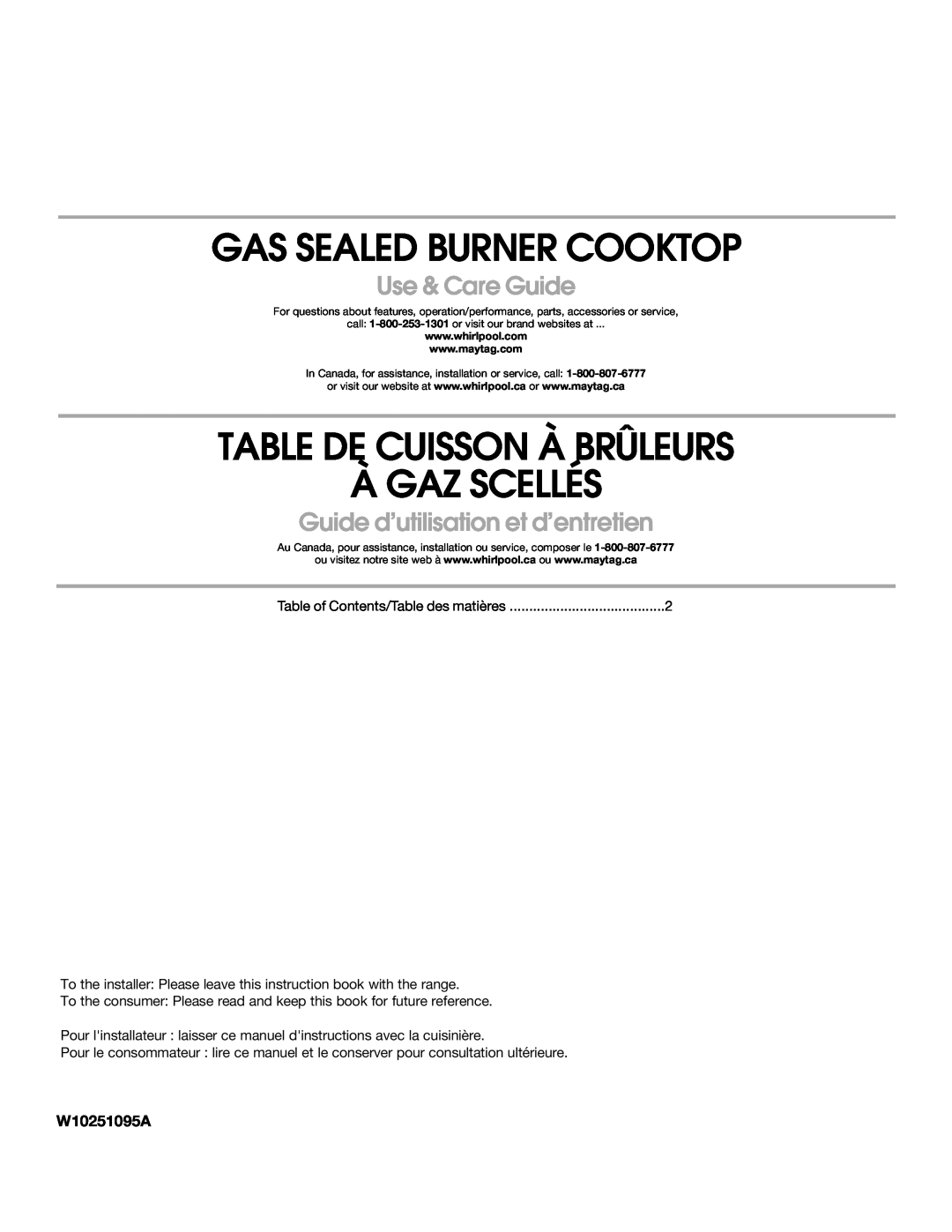 Maytag MGC8636WS manual Gas Sealed Burner Cooktop, Table De Cuisson À Brûleurs À Gaz Scellés, Use & Care Guide, W10251095A 