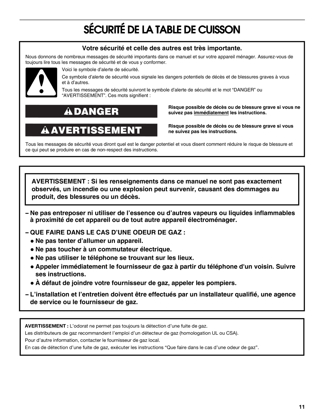 Maytag MGC8636WS, W10251095A manual Sécurité De La Table De Cuisson, Danger Avertissement 