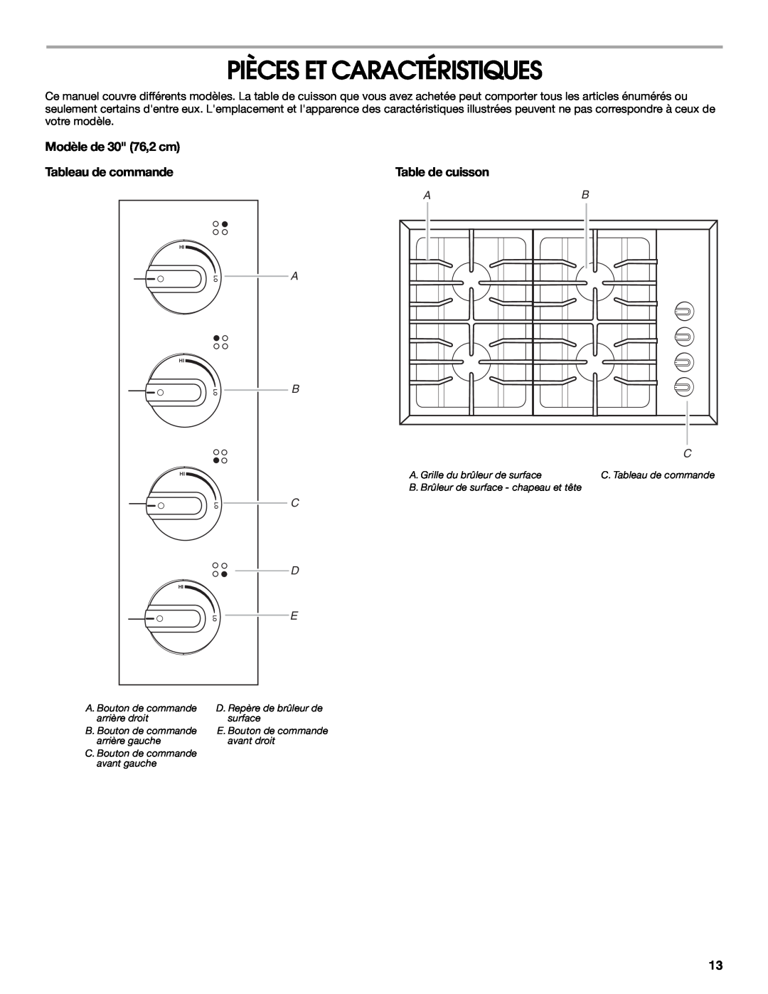Maytag MGC8636WS, W10251095A manual Pièces Et Caractéristiques, Modèle de 30 76,2 cm Tableau de commande, Table de cuisson 