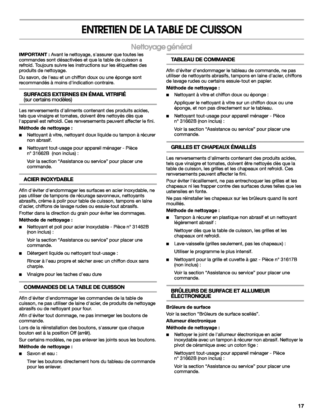 Maytag MGC8636WS, W10251095A manual Entretien De La Table De Cuisson, Nettoyage général, Surfaces Externes En Émail Vitrifié 