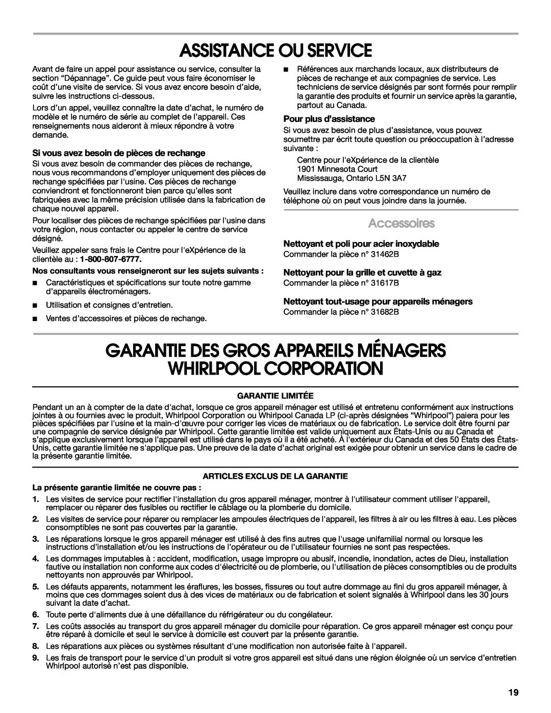 Maytag MGC8636WS manual Assistance Ou Service, Garantie Des Gros Appareils Ménagers Whirlpool Corporation, Accessoires 