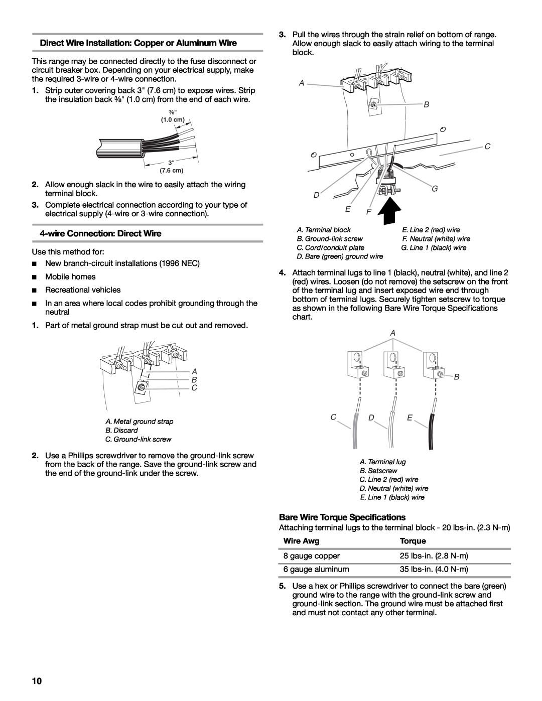 Maytag W10252706B Direct Wire Installation Copper or Aluminum Wire, wire Connection Direct Wire, A B Cde 