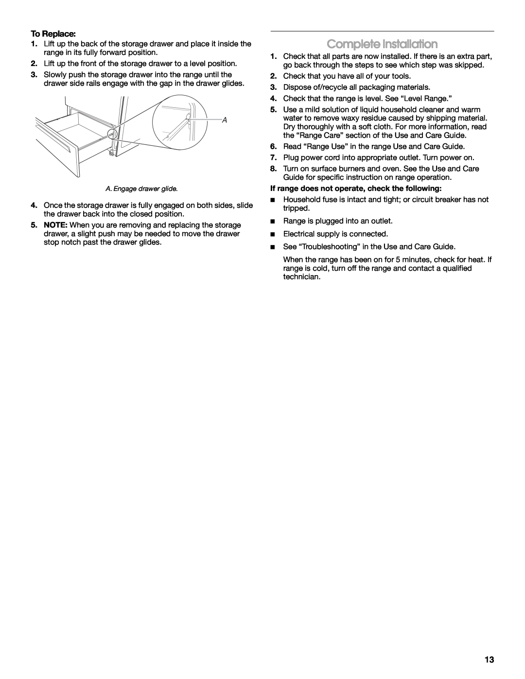 Maytag W10252706B installation instructions Complete Installation, To Replace 