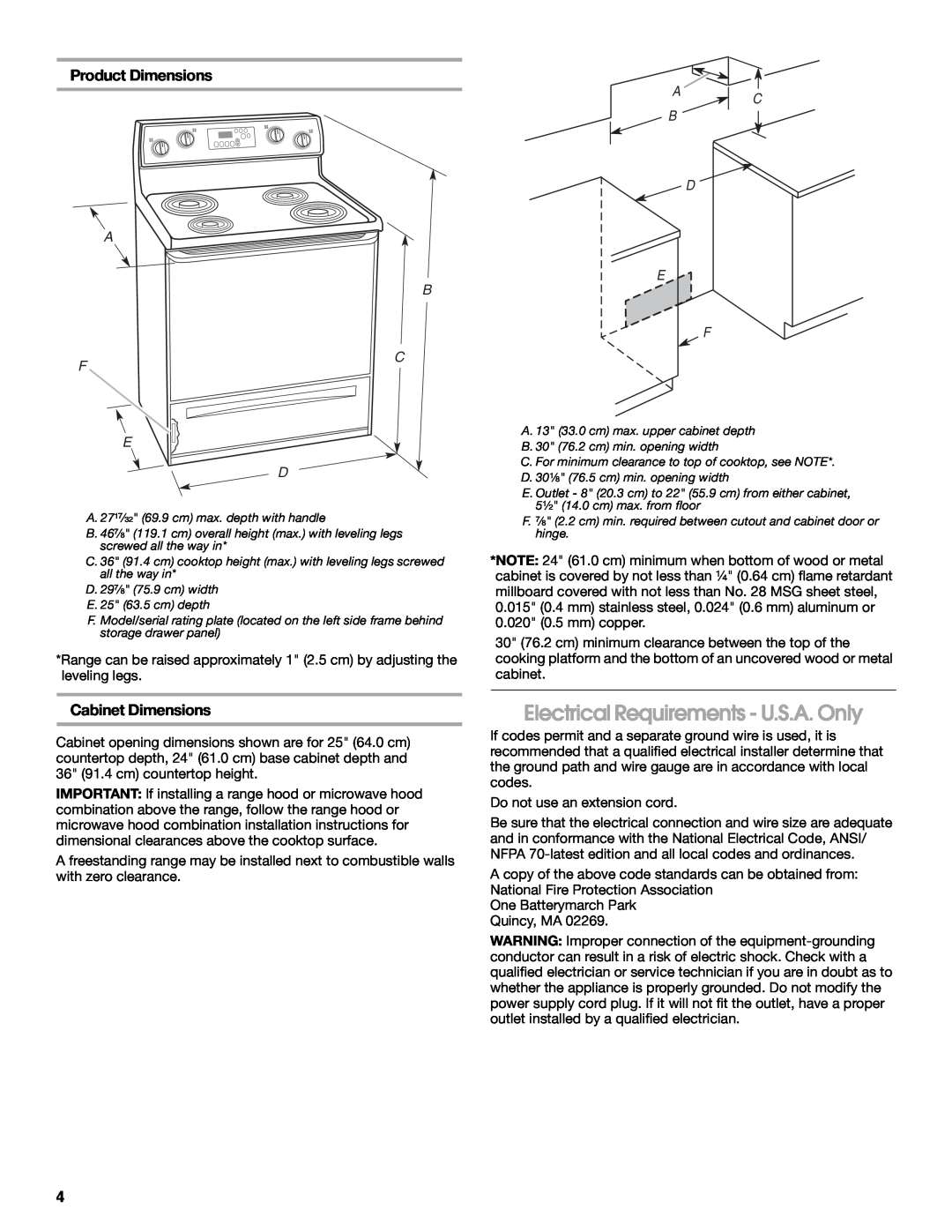 Maytag W10252706B Electrical Requirements - U.S.A. Only, Product Dimensions, Cabinet Dimensions, A C B D E 