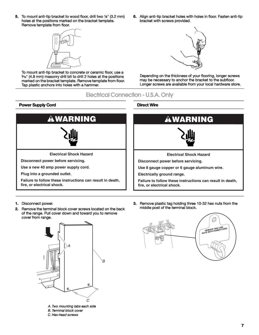 Maytag W10252706B installation instructions Electrical Connection - U.S.A. Only, Power Supply Cord, Direct Wire, A B C 