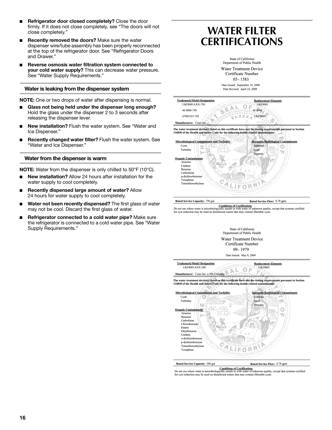 Maytag W10252999A installation instructions Water Filter Certifications, Water is leaking from the dispenser system 