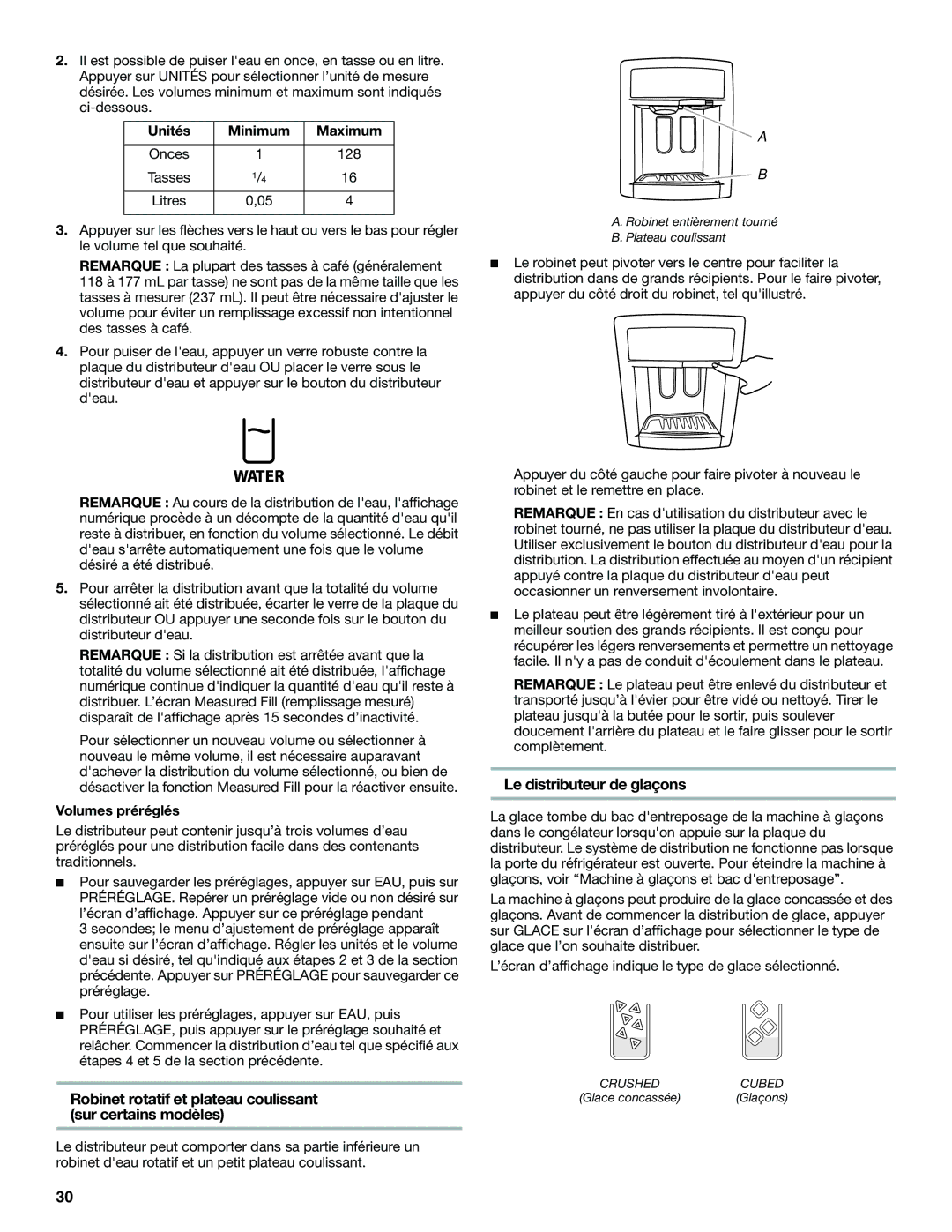 Maytag W10252999A Robinet rotatif et plateau coulissant sur certains modèles, Le distributeur de glaçons 