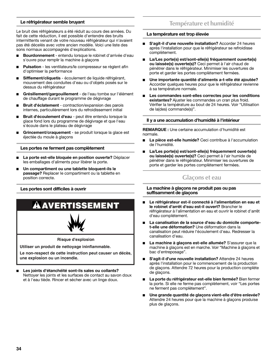 Maytag W10252999A installation instructions Température et humidité, Glaçons et eau 