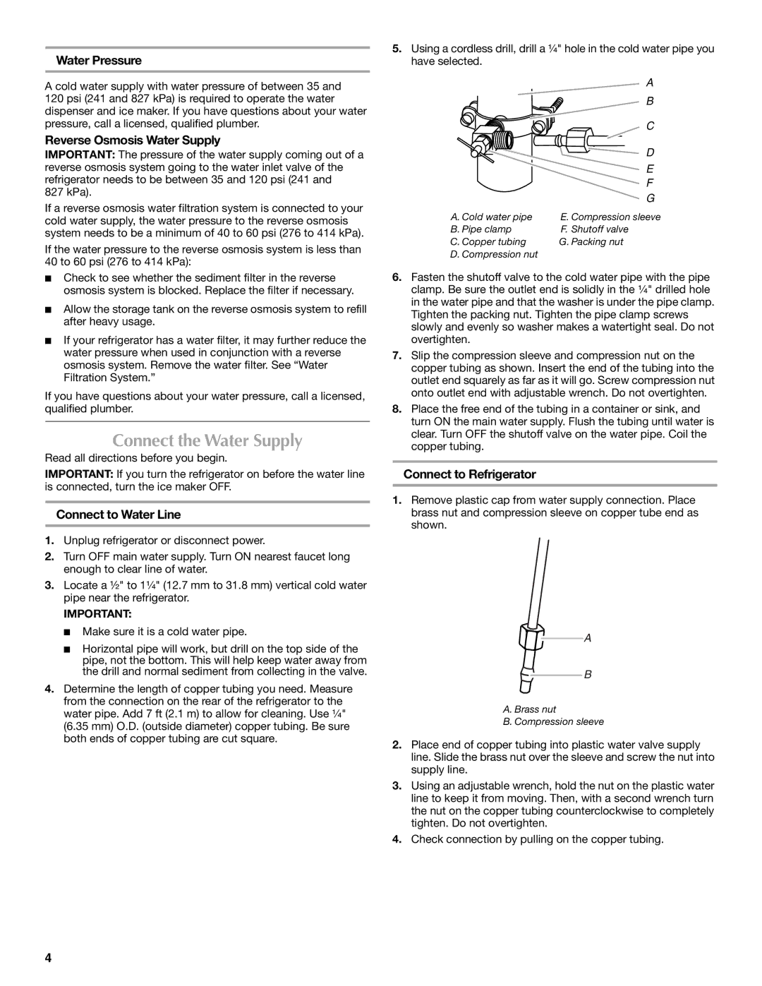 Maytag W10252999A Connect the Water Supply, Water Pressure, Reverse Osmosis Water Supply, Connect to Water Line 