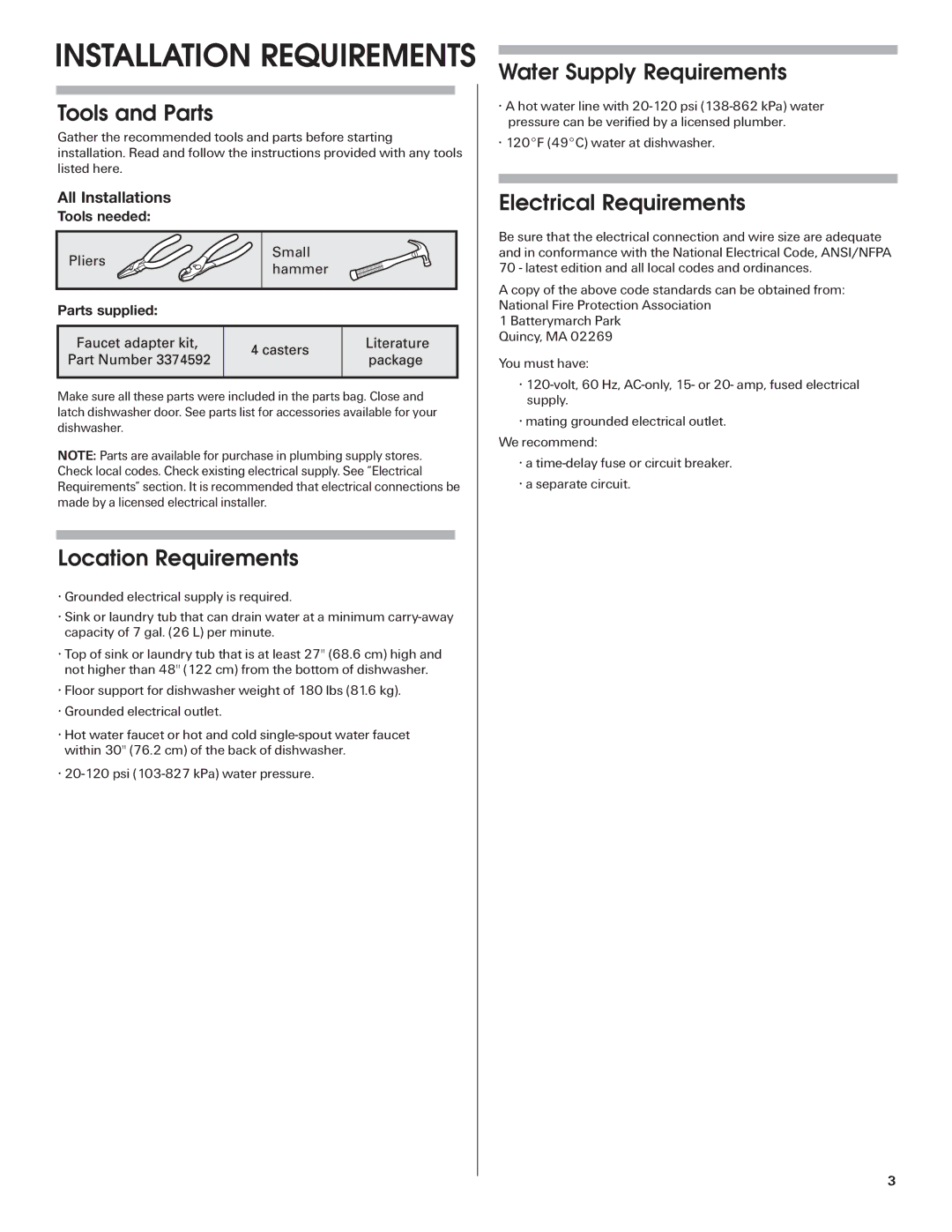 Maytag W10255025A Tools and Parts, Location Requirements, Water Supply Requirements, Electrical Requirements 