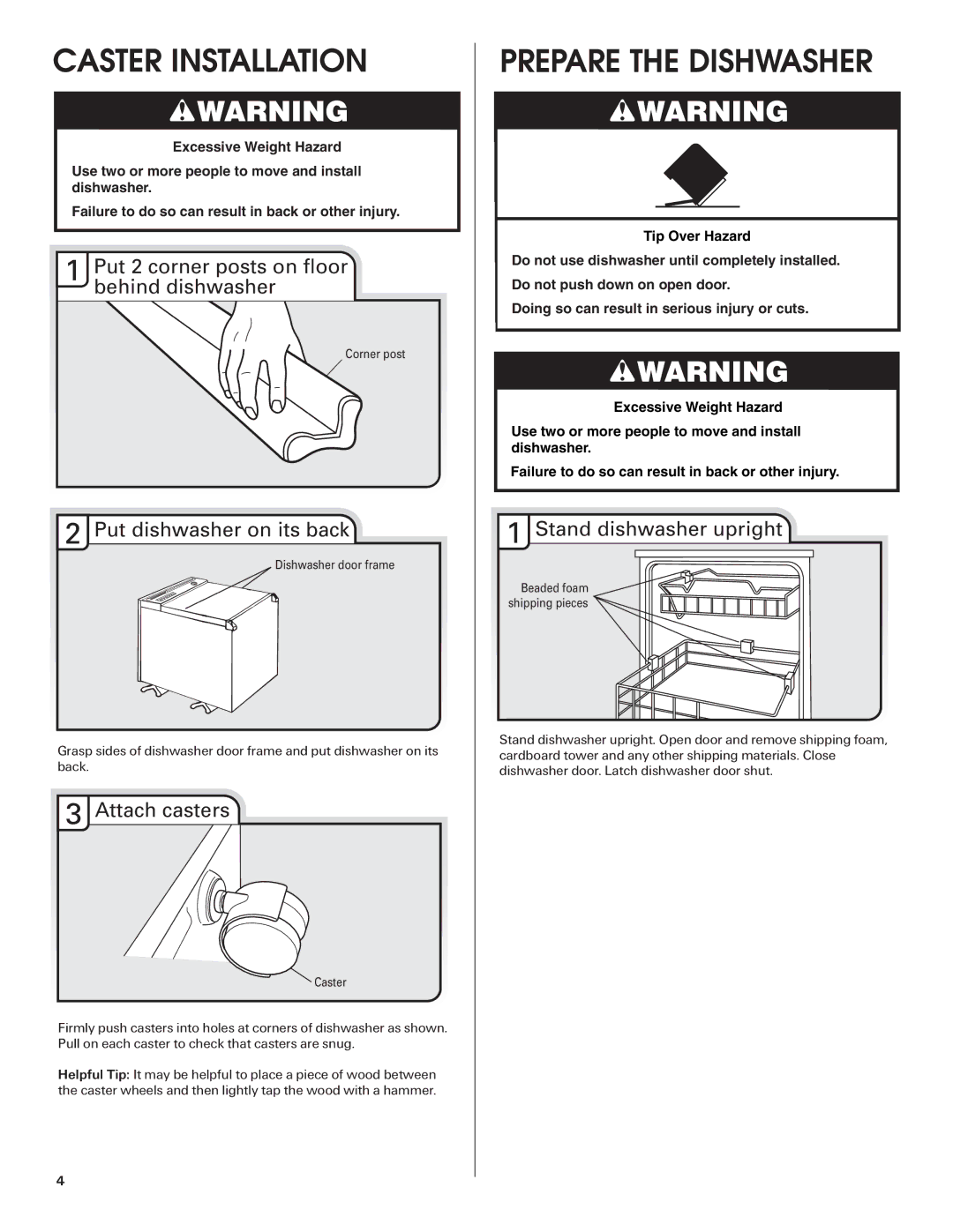 Maytag W10255025A installation instructions Caster Installation, Prepare the Dishwasher 