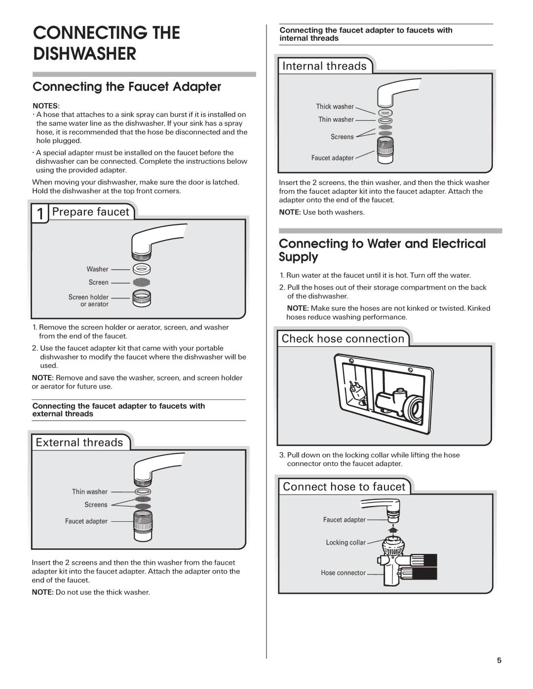 Maytag W10255025A Connecting Dishwasher, Connecting the Faucet Adapter, Connecting to Water and Electrical Supply 