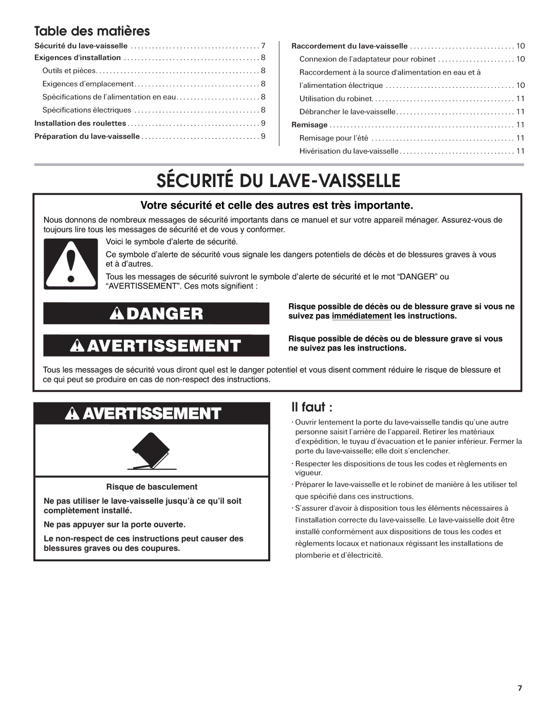 Maytag W10255025A installation instructions Sécurité DU LAVE-VAISSELLE, Table des matières, Il faut 