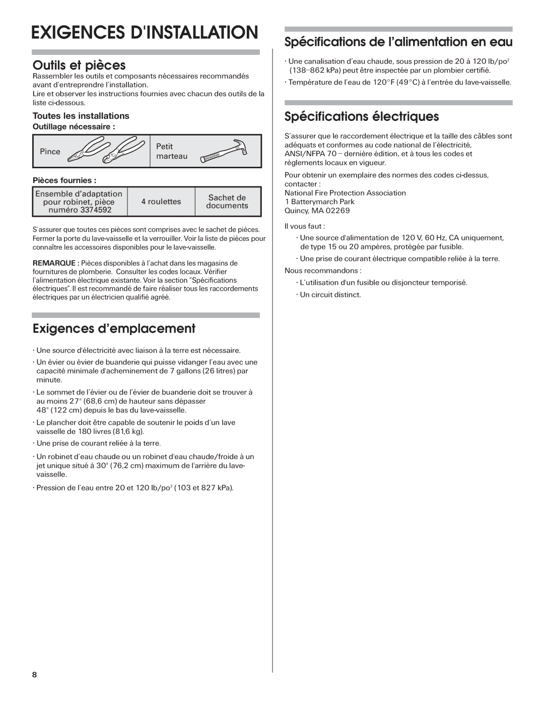 Maytag W10255025A Exigences Dinstallation, Outils et pièces, Exigences d’emplacement, Spécifications électriques 