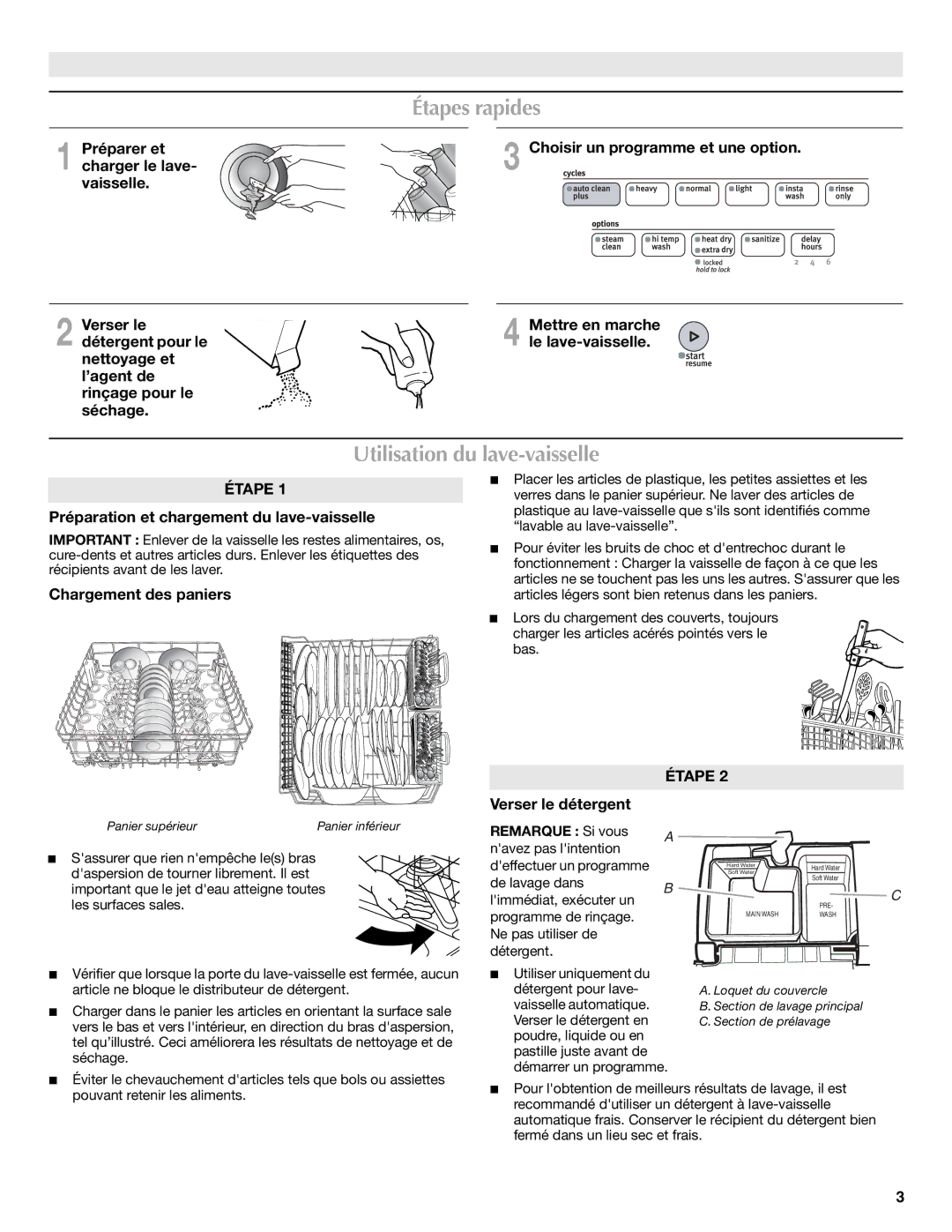 Maytag W10255115A, W10255114A Étapes rapides, Utilisation du lave-vaisselle, Préparation et chargement du lave-vaisselle 