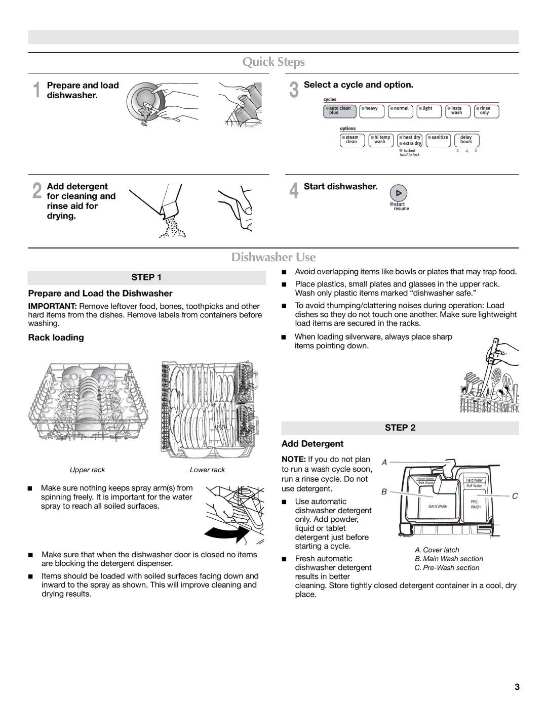 Maytag W10255115A, W10255114A Quick Steps, Dishwasher Use, Prepare and load, Prepare and Load the Dishwasher, Rack loading 