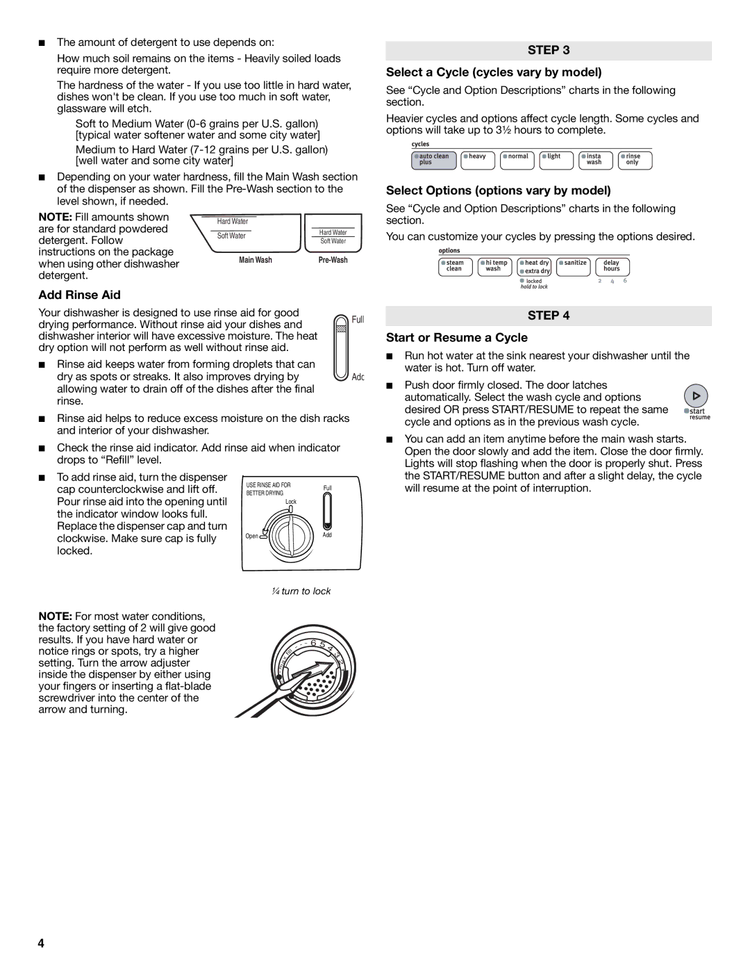 Maytag W10255114A, W10255115A Add Rinse Aid, Select a Cycle cycles vary by model, Select Options options vary by model 