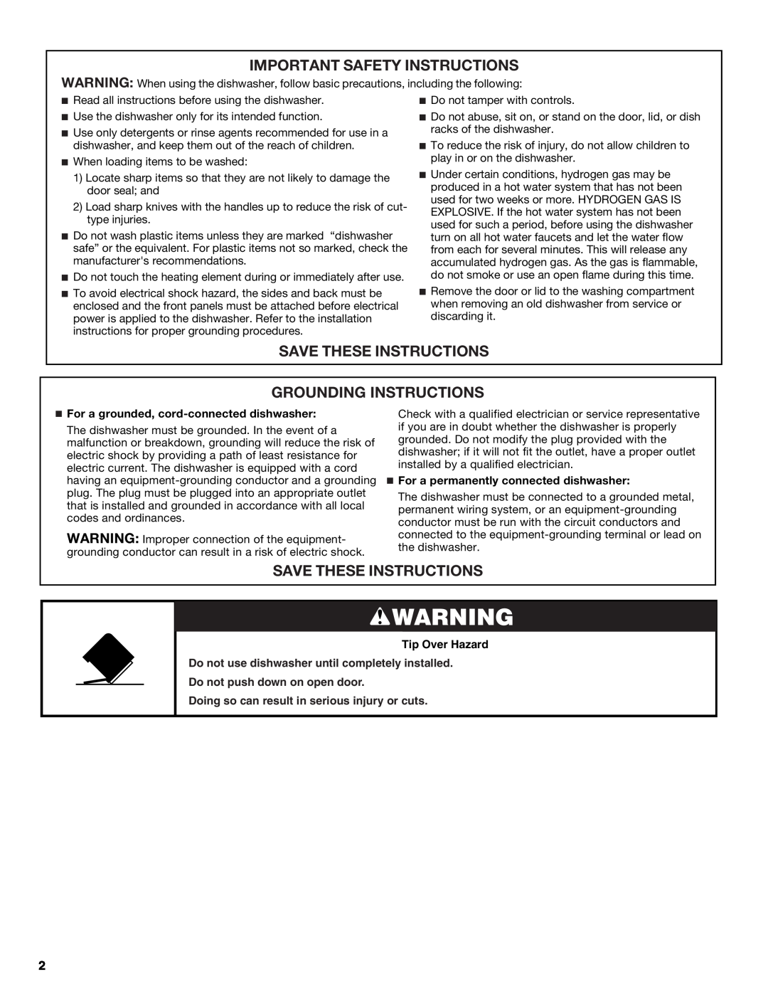 Maytag MDB7809AWM, W10255115A, W10255114A Important Safety Instructions, Save These Instructions Grounding Instructions 