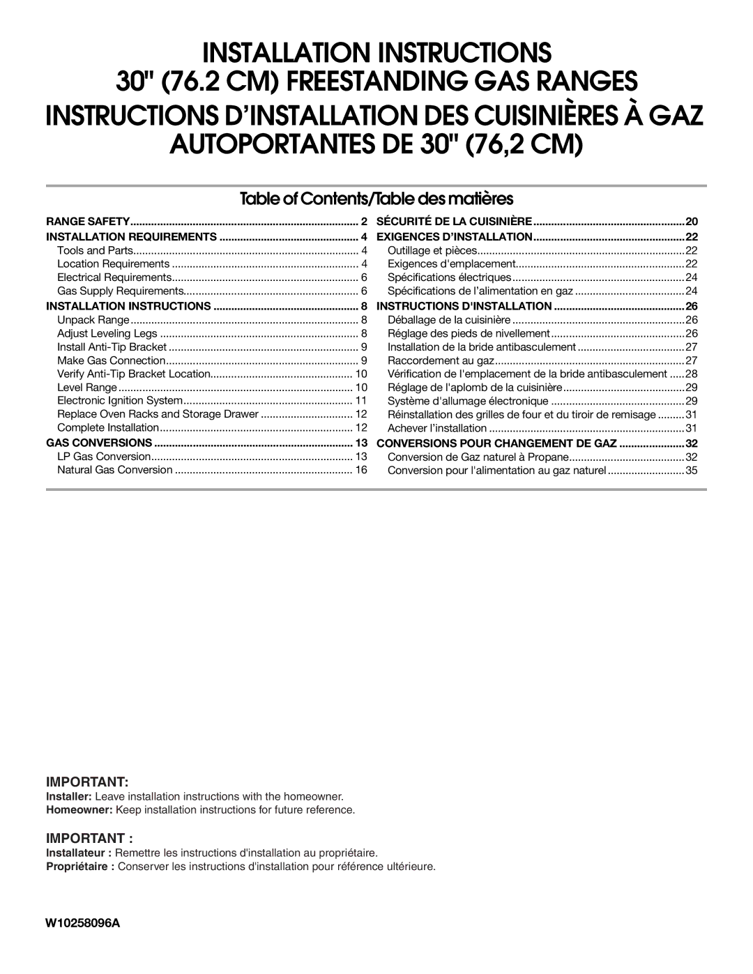 Maytag W10258096A installation instructions Autoportantes DE 30 76,2 CM, Instructions D’INSTALLATION DES Cuisinières À GAZ 