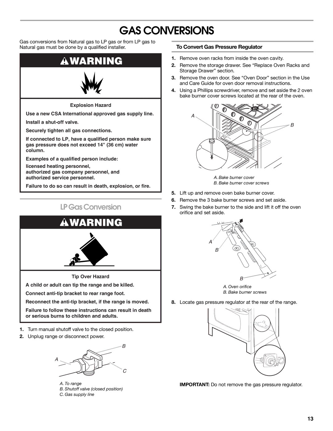 Maytag W10258096A installation instructions GAS Conversions, LP Gas Conversion, To Convert Gas Pressure Regulator 