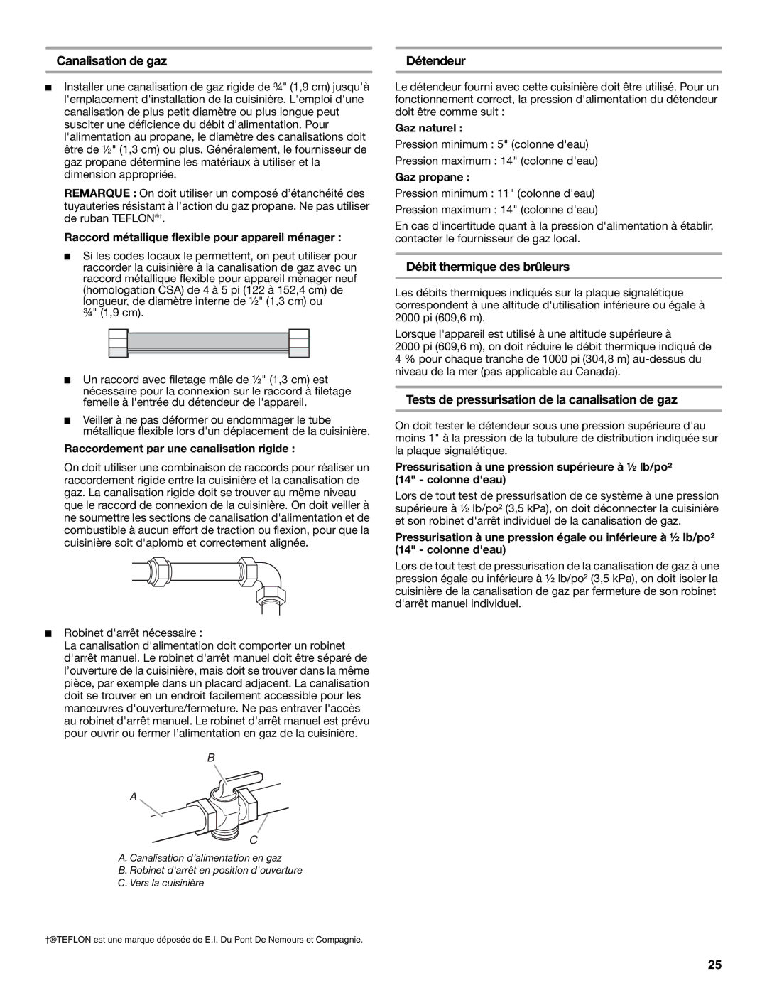 Maytag W10258096A installation instructions Canalisation de gaz, Détendeur, Débit thermique des brûleurs 